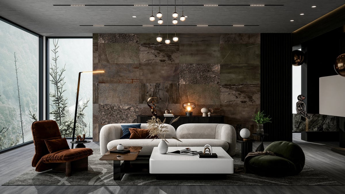 Modern luxury living room with a panoramic window and elegant furniture, urban high-rise setting