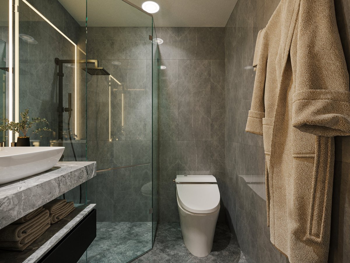 Luxury marble shower with glass enclosure